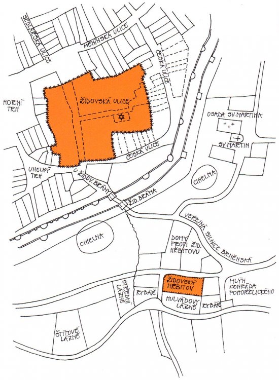 Židovské osídlení Brna v 15. století. Kresba © Jaroslav Klenovský