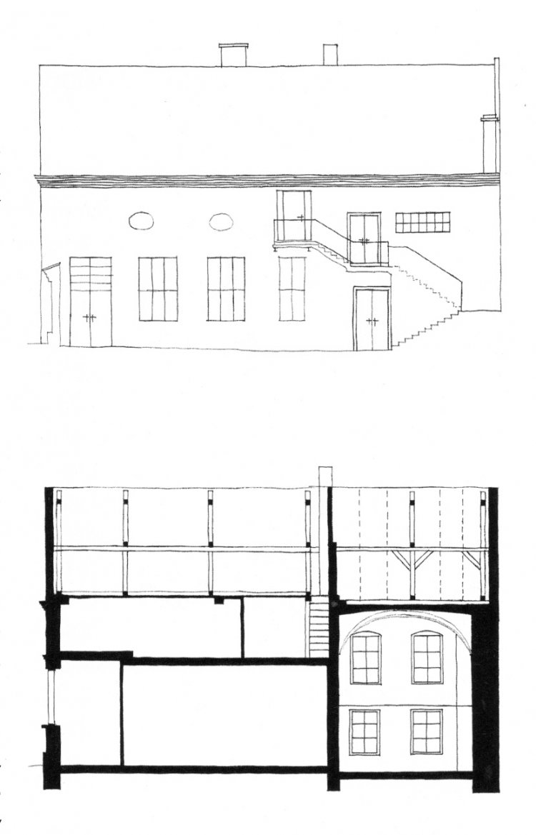Pohled a řez Polského templu na ul. Křenová 22. Kresba © Jaroslav Klenovský
